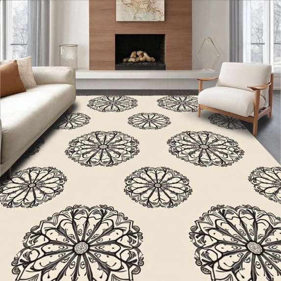 ODIKA 5'x7' Machine Washable Non-Slip Area Rug, Joyful Snowflake Semi Arc Entrance Decoration Winter Welcoming High Traffic Rug with Pad, Beige, 608726