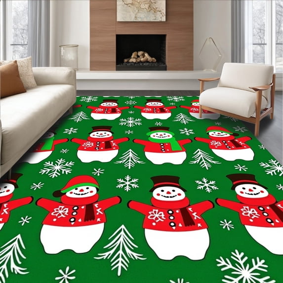 ODIKA 5'x7' Machine Washable Non-Slip Area Rug, Joyful Snowman Parade With Decorative Snowflakes And Evergreen Sprigs High Traffic Rug, Green, 734230