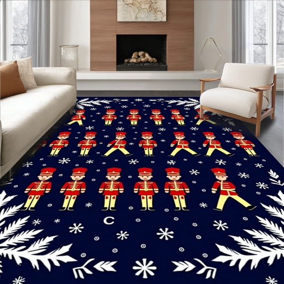 ODIKA 5'x7' Machine Washable Non-Slip Area Rug, Joyful Winter Soldier Front Step Greeting Seasonal Decoration High Traffic Rug with Pad, Blue, 609038
