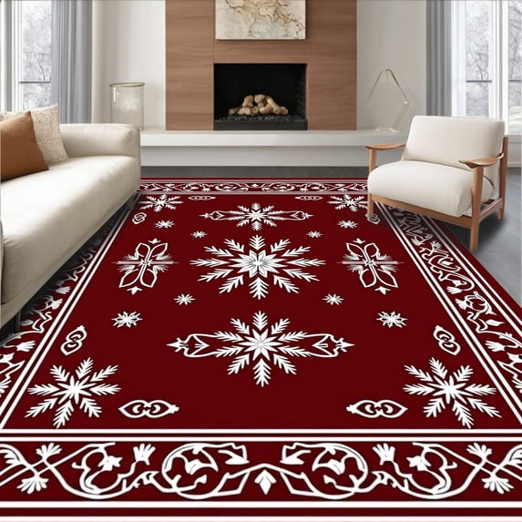 ODIKA 5'x7' Machine Washable Non-Slip Area Rug, Joyful Winter Wonderland Crystal Decorative Tapestry High Traffic Rug with Pad, Red, 605616