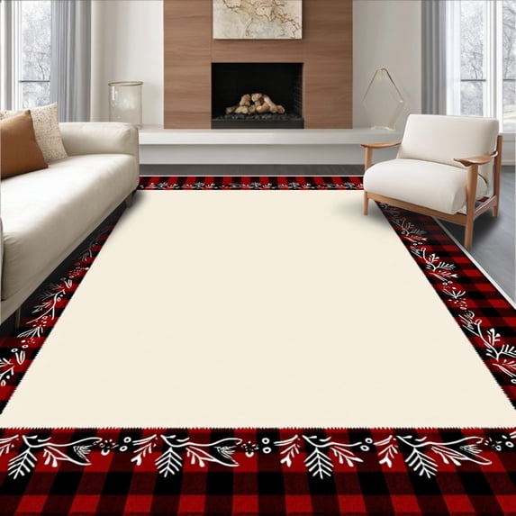 ODIKA 5'x7' Machine Washable Non-Slip Area Rug, Joyful Yuletide Checkered Seasonal High Traffic Rug, Red, 627568