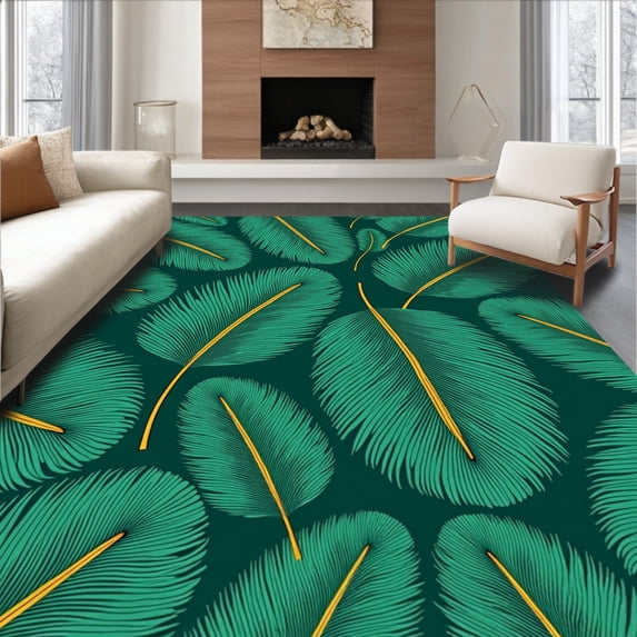 ODIKA 5'x7' Machine Washable Non-Slip Area Rug, Jungle Canopy Tropical Palm Frond Boho High Traffic Rug with Pad, Green, 702644