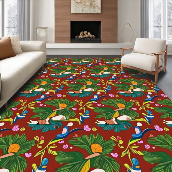 ODIKA 5'x7' Machine Washable Non-Slip Area Rug, Jungle Explorer Activity with Tropical Rainforest Inhabitants High Traffic Rug, Red, 685609