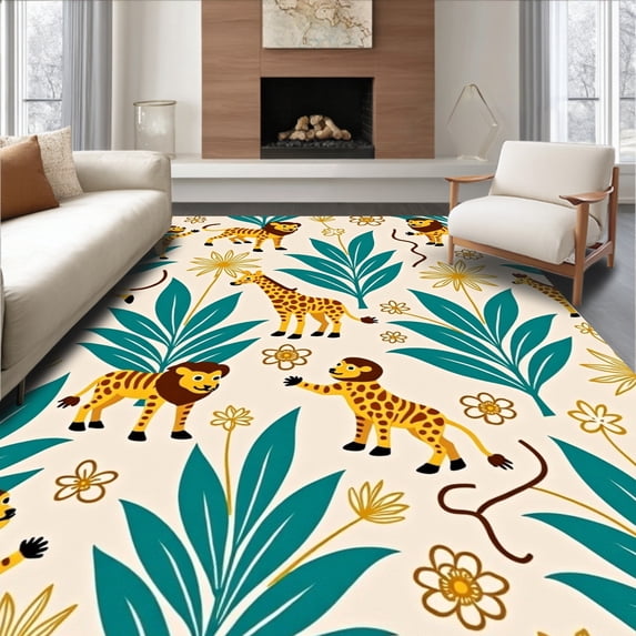 ODIKA 5'x7' Machine Washable Non-Slip Area Rug, Jungle Parade with Cheerful Lion Giraffe Monkey and Leafy Accents High Traffic Rug with Pad, Ivory, 684183
