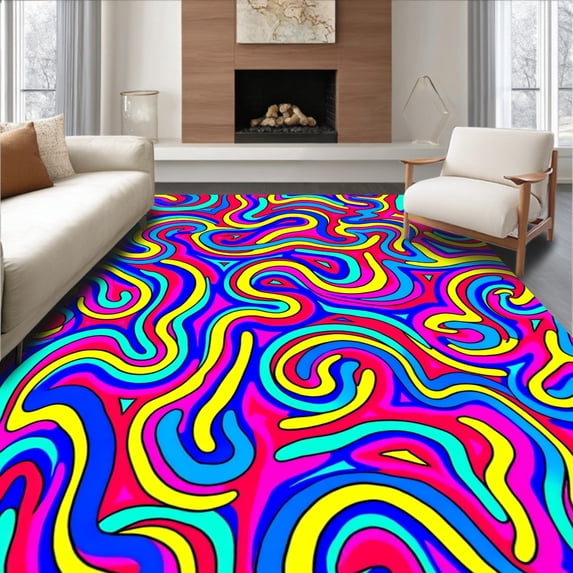 ODIKA 5'x7' Machine Washable Non-Slip Area Rug, Kaleidoscopic Ribbon Loop Featuring Interwoven Hues High Traffic Rug, Pink, 396135