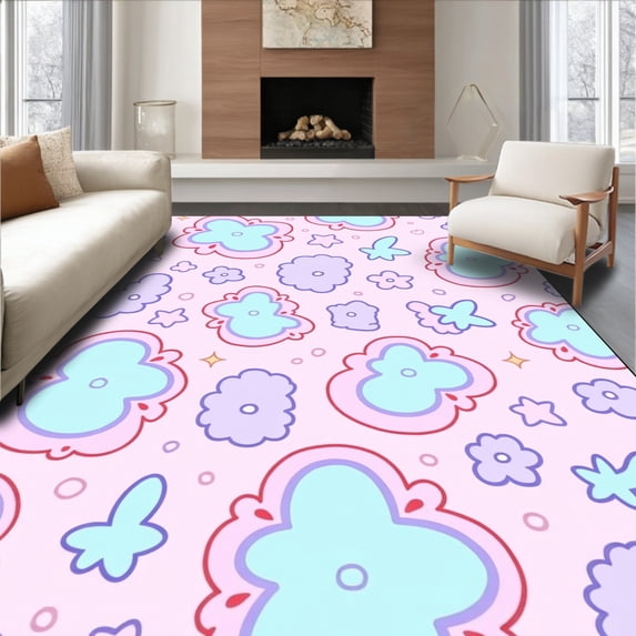ODIKA 5'x7' Machine Washable Non-Slip Area Rug, Kawaii Dreamscape with Floating Stars and Cloud Motifs High Traffic Rug, Pink, 396254