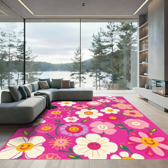ODIKA 5'x7' Machine Washable Non-Slip Area Rug, Kawaii Hot Pink High Traffic Rug, Pink, 1025757