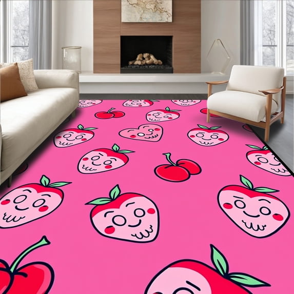 ODIKA 5'x7' Machine Washable Non-Slip Area Rug, Kawaii Strawberry and Cherry with Sweet Smiley Faces High Traffic Rug with Pad, Pink, 729499