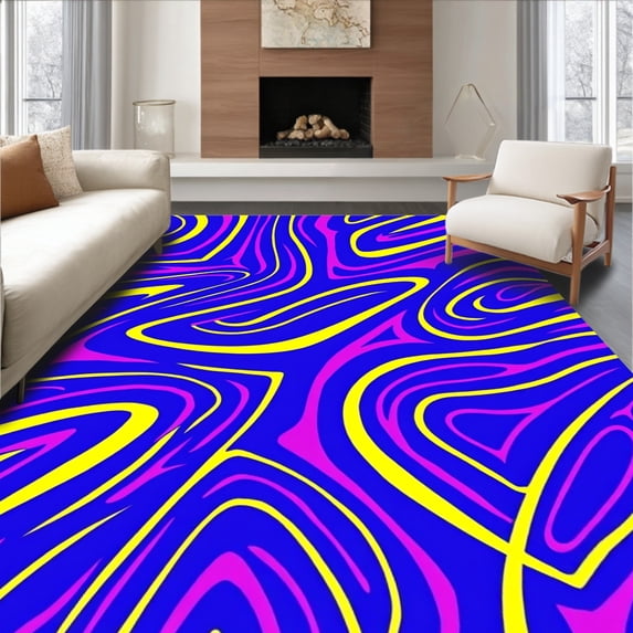 ODIKA 5'x7' Machine Washable Non-Slip Area Rug, Kinetic Graphic with Abstract Zigzag Trails and Highlights High Traffic Rug with Pad, Blue, 700120