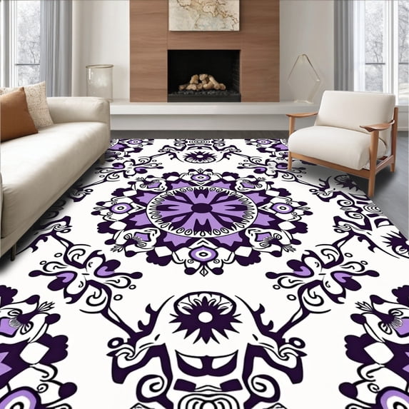 ODIKA 5x7 Machine Washable Non-Slip Area Rug, La Jolla Botanical Tapestry High Traffic Rug with Pad, Purple, 663676