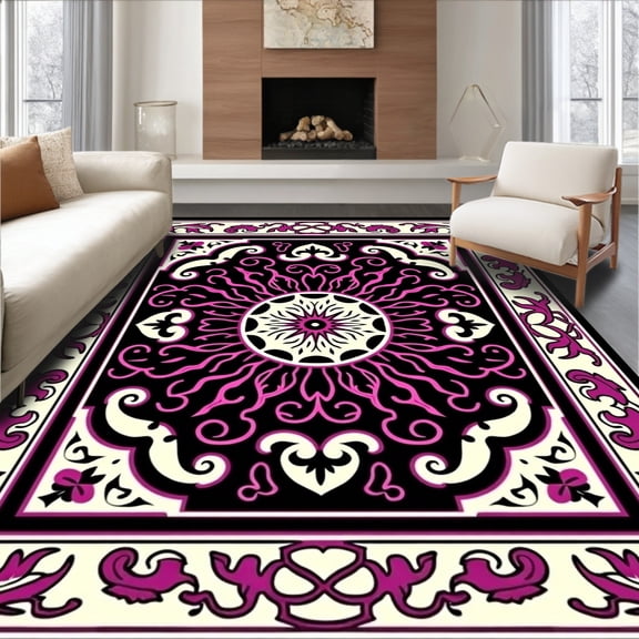 ODIKA 5x7 Machine Washable Non-Slip Area Rug, Latticework Medallion and Swirling Vine High Traffic Rug, Black, 519077