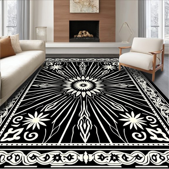 ODIKA 5'x7' Machine Washable Non-Slip Area Rug, Latticework with Starburst High Traffic Rug, Black, 665786