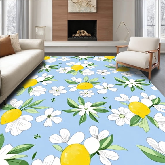 ODIKA 5'x7' Machine Washable Non-Slip Area Rug, Lemon Blossom Interlocking Botanical High Traffic Rug with Pad, Blue, 542147