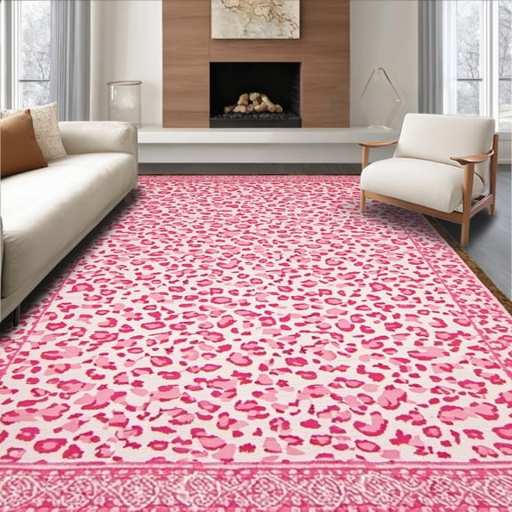 ODIKA 5'x7' Machine Washable Non-Slip Area Rug, Vibrant Cheetah Print Elegance High Traffic Rug, Pink, 19825