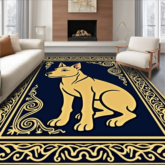 ODIKA 5'x7' Machine Washable Non-Slip Area Rug, Long Dog Breed Yarn Hook Canvas Project High Traffic Rug, Gold, 634151