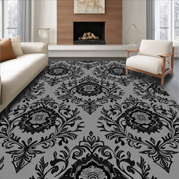 ODIKA 5'x7' Machine Washable Non-Slip Area Rug, Luxurious Botanical Floral Vine Scroll Medallion Decorative Ornate High Traffic Rug, Black, 466707