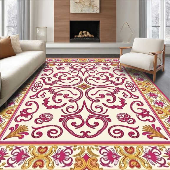 ODIKA 5'x7' Machine Washable Non-Slip Area Rug, Luxurious Brocade Jacquard Palatial Grandeur High Traffic Rug, Pink, 579387