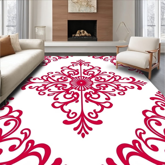 ODIKA 5'x7' Machine Washable Non-Slip Area Rug, Luxurious Damask Scroll Heritage High Traffic Rug, Red, 545456