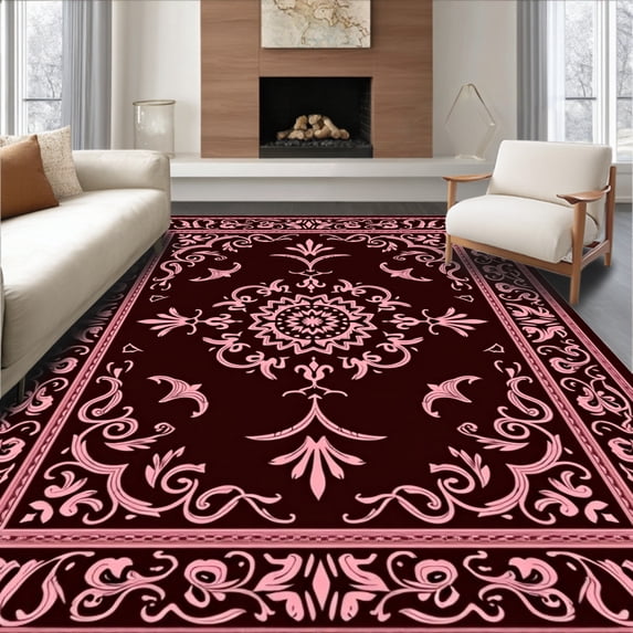 ODIKA 5'x7' Machine Washable Non-Slip Area Rug, Luxurious Medallion Swirl Trellis Vintage Distressed High Traffic Rug with Pad, Pink, 616786
