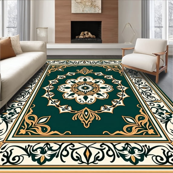 ODIKA 5'x7' Machine Washable Non-Slip Area Rug, Luxurious Plush Vintage Medallion Handwoven Elegant Artisan High Traffic Rug, Green, 484220
