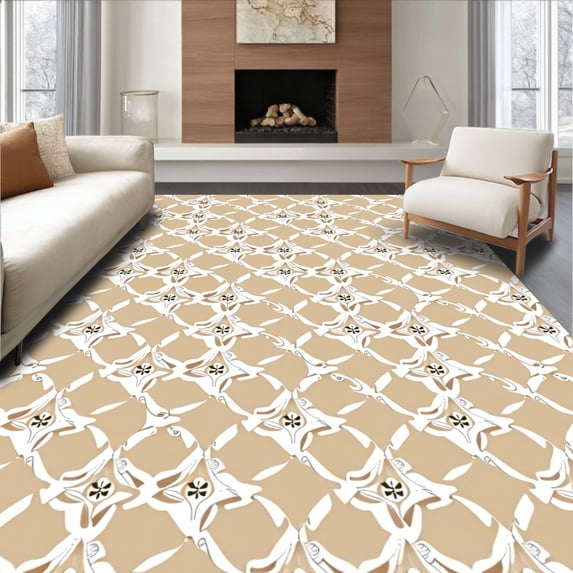 ODIKA 5'x7' Machine Washable Non-Slip Area Rug, Luxurious Swirl Abstract Lattice Textured High Traffic Rug with Pad, Beige, 582739