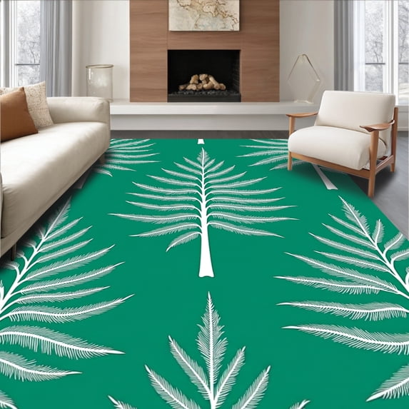 ODIKA 5'x7' Machine Washable Non-Slip Area Rug, Luxurious Winter Wonderland Fir Bathtub Spa Accessory High Traffic Rug, Green, 608546