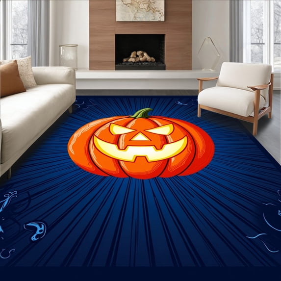 ODIKA 5'x7' Machine Washable Non-Slip Area Rug, Magical Fall Crochet Project Featuring Glowing Carved Squash Design High Traffic Rug with Pad, Orange, 738785