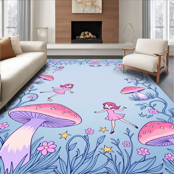 ODIKA 5'x7' Machine Washable Non-Slip Area Rug, Magical Forest with Enchanted Garden High Traffic Rug, Pink, 639728