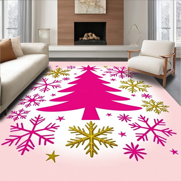 ODIKA 5'x7' Machine Washable Non-Slip Area Rug, Magical North Pole Enchanted Jolly Festive Accent High Traffic Rug, Pink, 608324