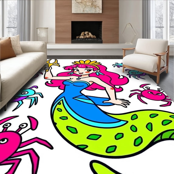 ODIKA 5'x7' Machine Washable Non-Slip Area Rug, Magical Ocean Maiden Embroidery Kit Shell Design High Traffic Rug, Pink, 726011