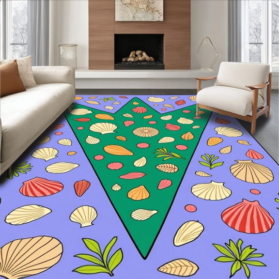 ODIKA 5'x7' Machine Washable Non-Slip Area Rug, Maritime Conch Fir Celebration Display High Traffic Rug, Purple, 618229