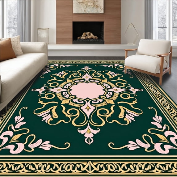 ODIKA 5'x7' Machine Washable Non-Slip Area Rug, Meadow Bloom Medallion Botanical Motif Art Nouveau Style High Traffic Rug with Pad, Green, 455532