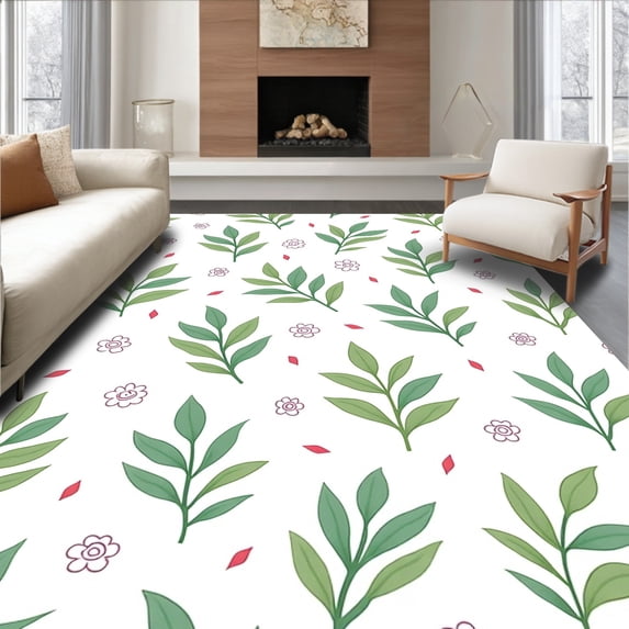 ODIKA 5'x7' Machine Washable Non-Slip Area Rug, Meadow Wildflower Medley Featuring Twisting Leaves and Layered Petals High Traffic Rug, Green, 650002