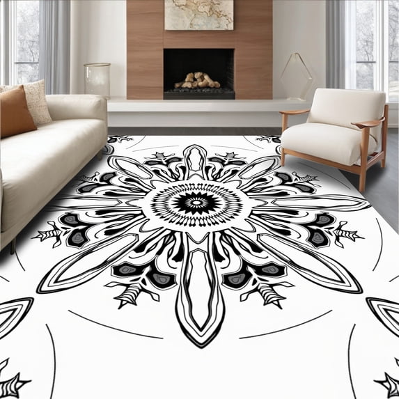 ODIKA 5'x7' Machine Washable Non-Slip Area Rug, Medallion Abstract Design with Intricate Symmetrical Motifs High Traffic Rug, Black, 599334