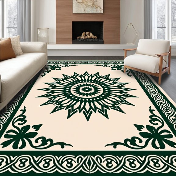 ODIKA 5x7 Machine Washable Non-Slip Area Rug, Medallion Burst Entryway with Radiating Sunburst Motifs High Traffic Rug, Green, 592905