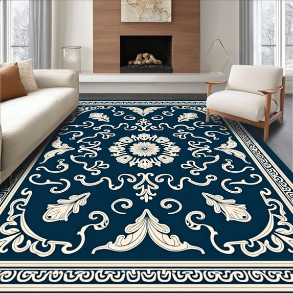 ODIKA 5'x7' Machine Washable Non-Slip Area Rug, Medallion Mosaic with Oceanic Swirl Motifs and Classic Border Design High Traffic Rug with Pad, Blue, 550244