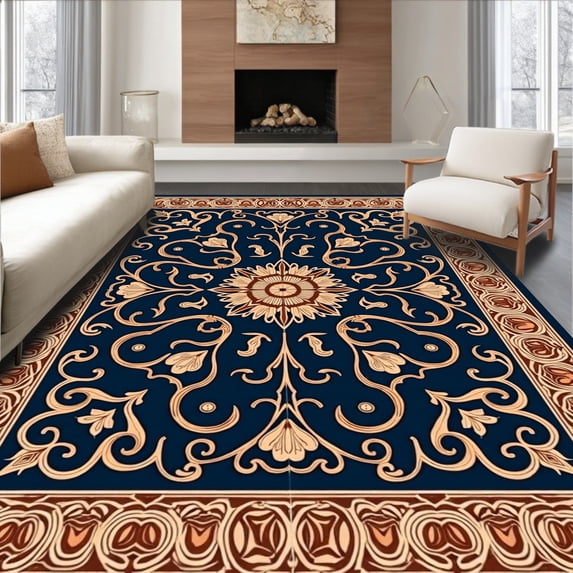 ODIKA 5'x7' Machine Washable Non-Slip Area Rug, Mediterranean Motif Spa Quality Bathroom High Traffic Rug with Pad, Navy, 578768