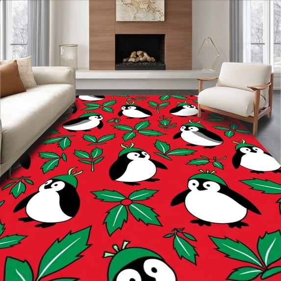 ODIKA 5'x7' Machine Washable Non-Slip Area Rug, Merry Character Collage with Penguin and Reindeer Surrounded by Holly High Traffic Rug with Pad, Red, 637130