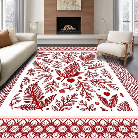ODIKA 5'x7' Machine Washable Non-Slip Area Rug, Merry Evergreen Lattice Seasonal Hearth Embellishment High Traffic Rug with Pad, Red, 732178