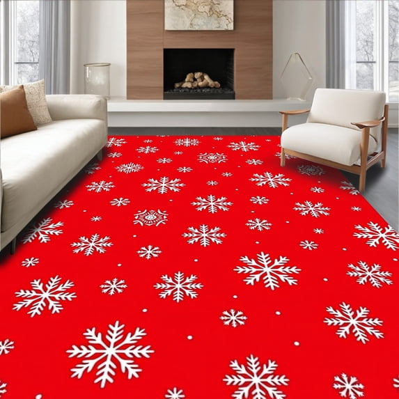 ODIKA 5'x7' Machine Washable Non-Slip Area Rug, Merry Flurry Seasonal Hearth Adornment High Traffic Rug with Pad, Red, 606081