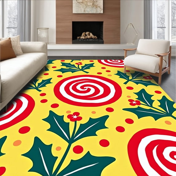 ODIKA 5'x7' Machine Washable Non-Slip Area Rug, Merry Peppermint Swirl Half Arc Jolly Seasonal Front Gateway High Traffic Rug with Pad, Yellow, 612787