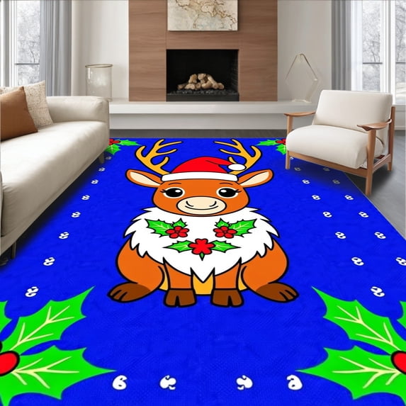 ODIKA 5'x7' Machine Washable Non-Slip Area Rug, Merry Reindeer Face Adorned with Holly Leaves and Jolly Santa Hat High Traffic Rug with Pad, Blue, 730702