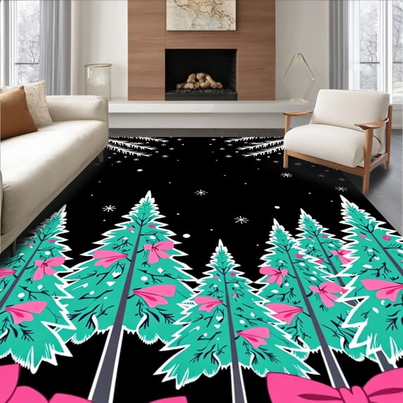ODIKA 5'x7' Machine Washable Non-Slip Area Rug, Merry Winter Wonderland Complete Bath Joyful Decoration High Traffic Rug with Pad, Black, 738547
