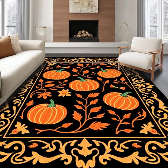 ODIKA 5x7 Machine Washable Non-Slip Area Rug, Midnight Feline Pumpkin Patch Latch Hook Kit with Needlework Canvas High Traffic Rug, Black, 647534