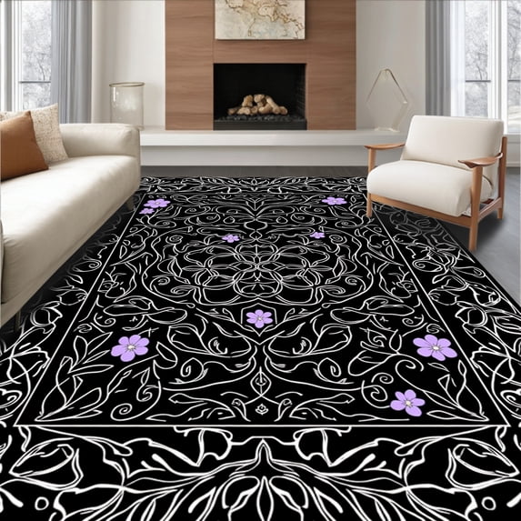 ODIKA 5'x7' Machine Washable Non-Slip Area Rug, Minimalist Cat Contour with Delicate Floral and Curves High Traffic Rug with Pad, Black, 726425