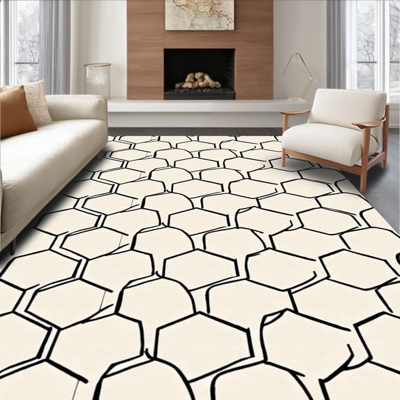 ODIKA 5x7 Machine Washable Non-Slip Area Rug, Minimalist Honeycomb Hexagonal Linked Chain Network Abstract Art High Traffic Rug, Black, 666821