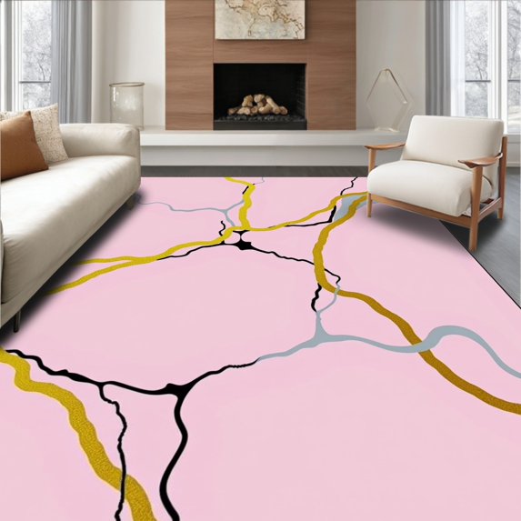 ODIKA 5'x7' Machine Washable Non-Slip Area Rug, Minimalist Marble Vein Design with Elegant Streaks and Metallic Highlights High Traffic Rug with Pad, Pink, 493628