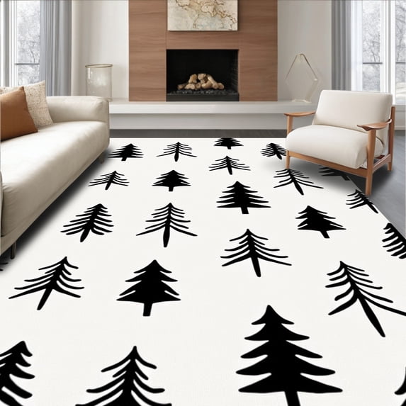 ODIKA 5'x7' Machine Washable Non-Slip Area Rug, Minimalist Pine Tree Anti Fatigue Holiday High Traffic Rug with Pad, Black, 732739