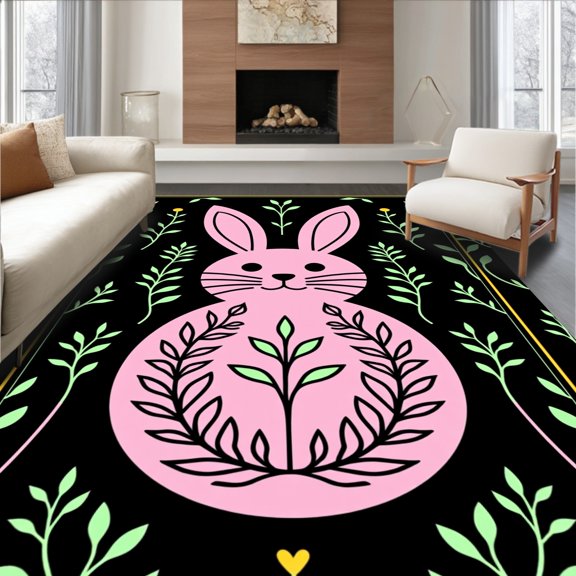 ODIKA 5x7 Machine Washable Non-Slip Area Rug, Minimalist Rabbit with Interlocking Leaf and Vine High Traffic Rug, Pink, 721159