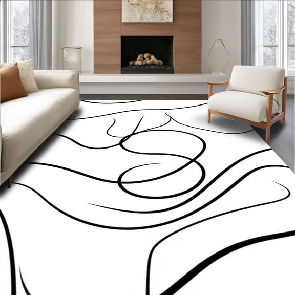 ODIKA 5'x7' Machine Washable Non-Slip Area Rug, Minimalist Zen Wave Flowing Decorative High Traffic Rug, White, 524607